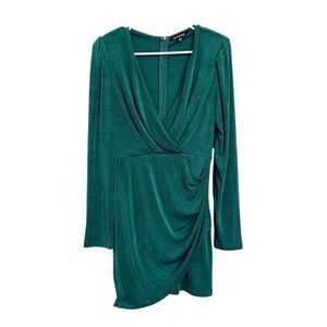 Strut & Bolt - Emerald Green Long Sleeve Draped Mini Dress Shoulder Pads
